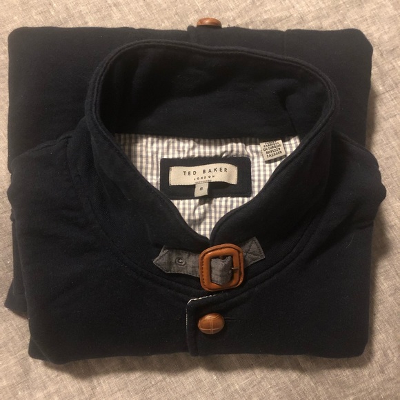 Ted Baker Navy Blue Cotton Sweater Jacket w/ Leather Buttons - Picture 8 of 9